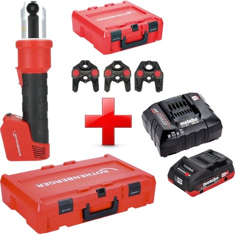 Pressatrice a batteria Rothenberger ROMAX NANO 18 V 34 kN CAS + 1x batteria LiHD 4,0 Ah + caricabatteria + set di 3 ganasce di pressatura TH + Rocase