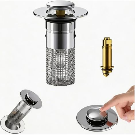 1 Bouchon de vidange pop-up, Acier inoxydable 304, Filtre à cheveux amovible, Anti-odeurs, Pour lavabo 33-40 mm (1/5)