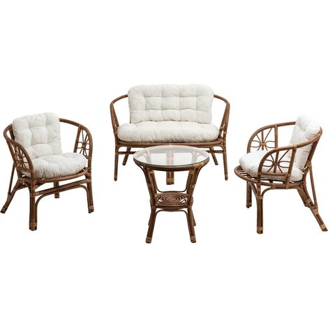 Made In Meubles – Salon de jardin en rotin 4 places – Canapé 2 places, 2 fauteuils, table basse en verre – Style bohème, structure en rotin bois foncé