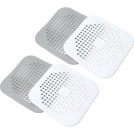 4 Stück quadratische Haarfänger aus TPR-Kunststoff mit Saugnapf für Duschabflüsse, Badewanne und Küche, grau und weiß (1/5)