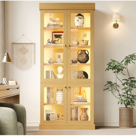 MEUBLIV Vitrina alta 80x40x180 cm acabado madera natural – LED integrada y almacenaje seguro (1/5)