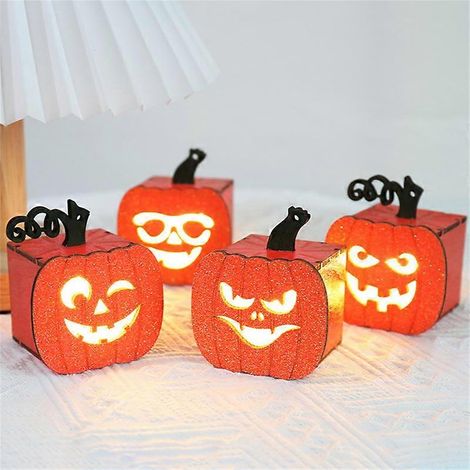 4er-Set Halloween-Kürbislampen aus Holz, Kürbis- und Totenkopflampen mit schwarzer Katze für die Dekoration von Kaminsims und Kamin im Innen- und Außenbereich (1/5)