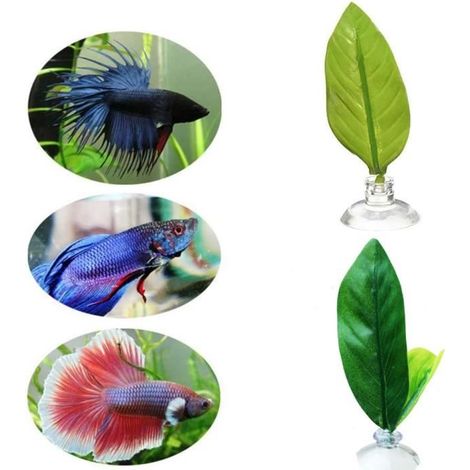 Accessoires D'aquarium,Feuille de Repos de Poisson Betta,Feuille de Frai Betta,Feuilles Artificielles Ornementales+Ventouse,2pcs
