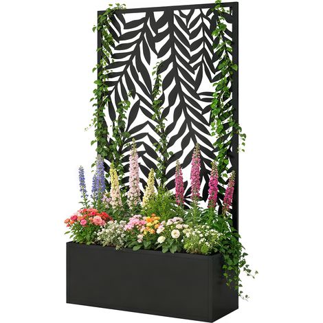 Jardinière brise-vue treillis motifs feuilles tropicales noire 61x23x113 cm