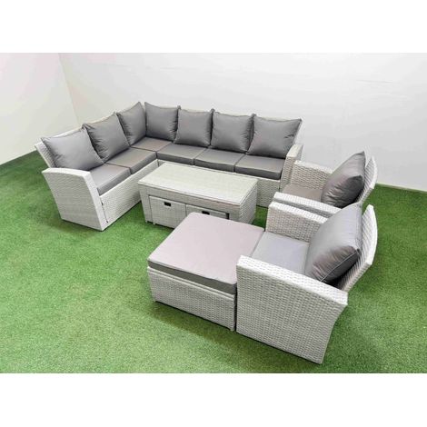 Fimous Rattan Garden Furniture Set Outdoor 11 Seater Corner Sofa Sets with Oblong Coffee Table Chair 3 Footstools Light Grey Mixed (1/5)