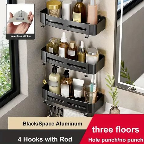 (3 Black Square HR) 1 étagère de rangement murale d'angle en aluminium sans perçage pour salle de bain - Idéale pour ranger shampoing, gel douche et cosmétiques. (1/5)