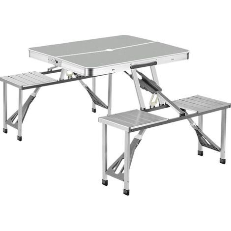 TrAdE Shop Traesio - Set Tavolo Pieghevole In Alluminio Pic Nic Campeggio Portatile Valigia Con Panca A 4 Posti - Argento (1/5)