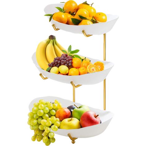 Corbeille à fruits à 3 niveaux en acrylique avec supports métalliques et bols de service pour fruits et légumes, idéale pour les collations, les noix, les gâteaux et les desserts. Parfaite pour les fê (1/5)