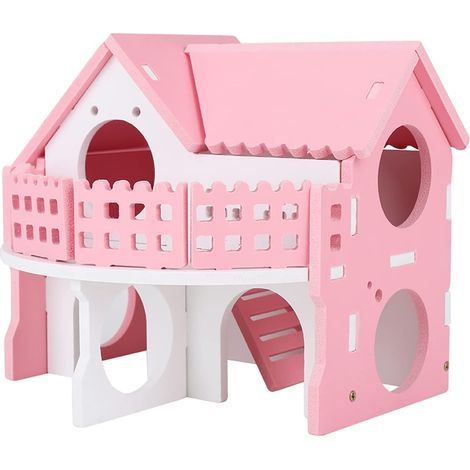 Luxury Pink Hamster House, Small Pet House Sleeping Nest with Double Layer Villa Balcony Assembly Cage for Guinea Pig Hamsters