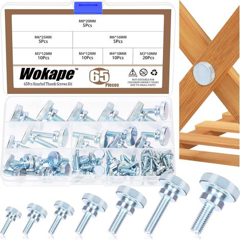 Lot de 65 vis moletées M3 M4 M5 M6 M8 galvanisées en acier au carbone moleté à tête plate moletée Filetage complet Boulons de fixation (1/5)