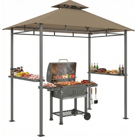 Abri barbecue extérieur - Outsunny - double toit, 2 étagères latérales - cadre en métal - 245x146x255cm - marron
