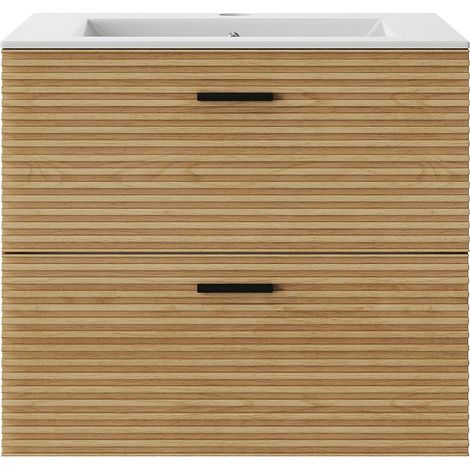 Mobile bagno sospeso scanalato con lavabo da incasso - 2 cassetti - Rovere naturale chiaro - 60 cm - SARONE (1/4)