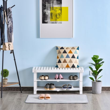 Banc à chaussures en bois à 3 niveaux avec étagère de rangement et compartiment caché, 90 x 29 x 45 cm, blanc (1/5)