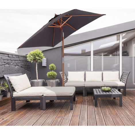 Sombrilla de Jardín de poliéster gris oscuro con mástil de madera de abeto y varillas de bambú, inclinable 200x150x235 cm (1/5)