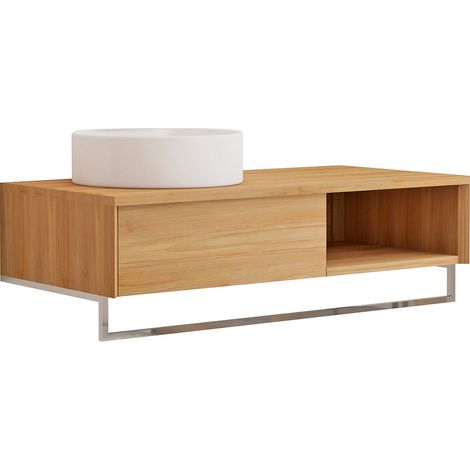 Meuble de salle de bain suspendu en teck avec porte serviette et vasque à poser ronde en céramique - 105 cm - KUPANG (1/4)