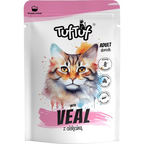 Cibo umido per gatti TufTuf, bustina di vitello da 300 g, carne in scatola.