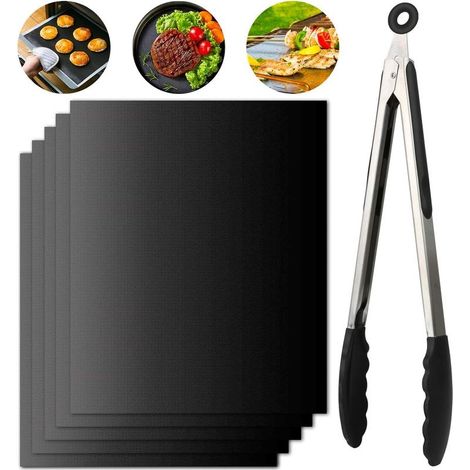 Tapis De Cuisson, Set De 5 Tapis Barbecue 40x33cm Antiadhésif Et Réutilisable Barbecue Tapis Pour Barbecue Gaz Charbon Électrique (+1pince À Barbecue) (1/5)