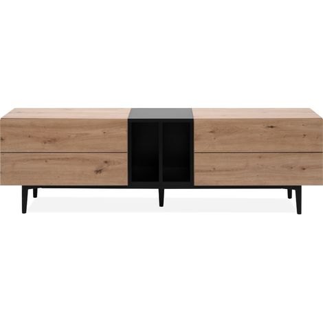 CALICOSY - Meuble TV 2 abattants et 2 niches décor chêne artisan et noir L160 cm - NOLA
