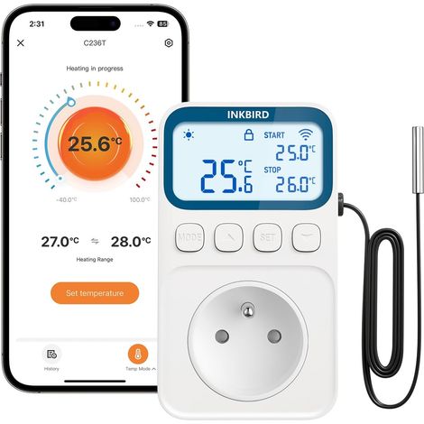 Prise Thermostat Connectée WiFi pour Terrarium Reptile Regulateur de Temperature Chauffage Refroidissement Modes Multiples Contrôle WiFi Fonction Alarme Sortie 16A 3680W Max. (1/5)