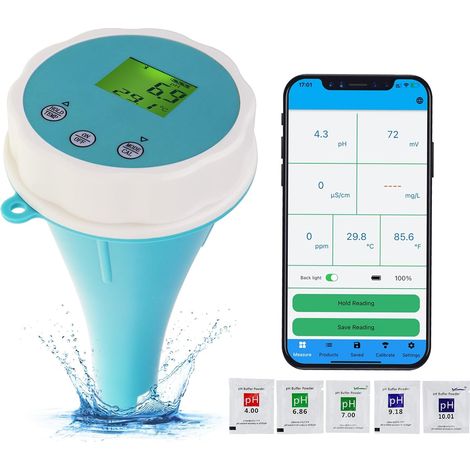 Testeur d'eau de Piscine Bluetooth 6-en-1 EC/Salinité/pH/ORP/Temperature/Chlore, Compteur Sans fil Flottant de Surveillance de Piscine pour Piscines et Spas de Nage (1/5)