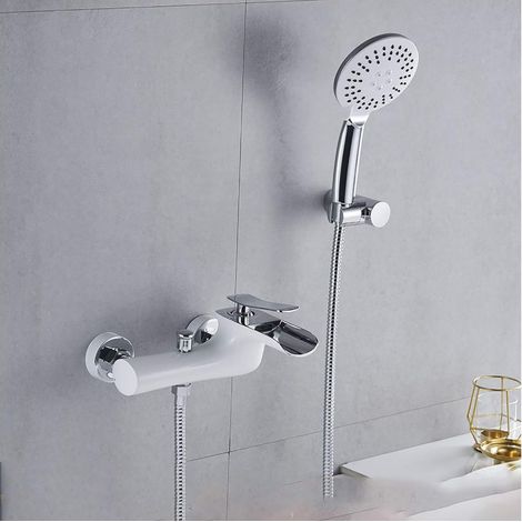 Wasserfall-Badewannenarmatur Badewannenmischer mit 3 Jets Handbrause, Weiß und Chrom, Wandmontage, Messing-Duschmischer, Einhand-Duscharmatur (1/5)