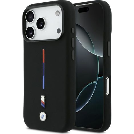 Coque BMW M en silicone tricolore MagSafe pour iPhone 17 Pro, noire (1/5)