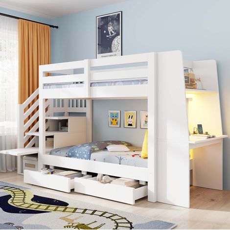 Cama alta infantil 90 x 200 cm blanca con escritorio, escalera de almacenaje, LED y cajones (1/5)