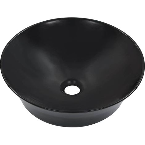 Vasque à poser ronde lavabo pour salle de bain et vestiaire céramique noir 41 x 12,5 cm (1/5)