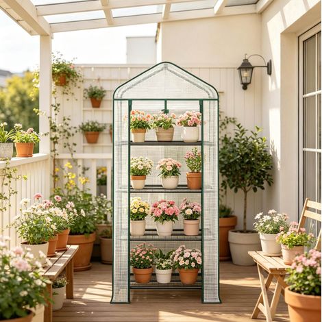 Invernadero de jardín 70x50x163 cm blanco en polietileno y acero con ruedas, 4 estantes y puerta enrollable (1/5)