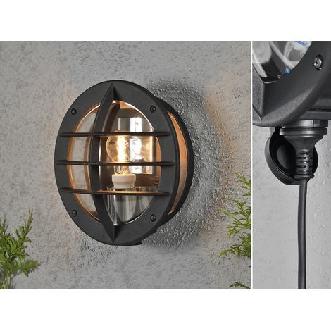 LED Außenwandleuchte mit Steckdose, Alu Schwarz & Klarglas, Ø 31cm (1/5)