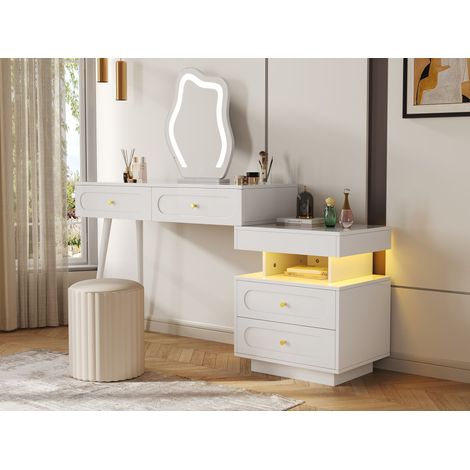 Coiffeuse avec miroir LED et éclairage - Ensemble coiffeuse blanche pour chambre à coucher avec 4 tiroirs spacieux et 1 compartiment de rangement ouvert - Blanc, Dimensions : L 140/P 40/H 130 cm (sans