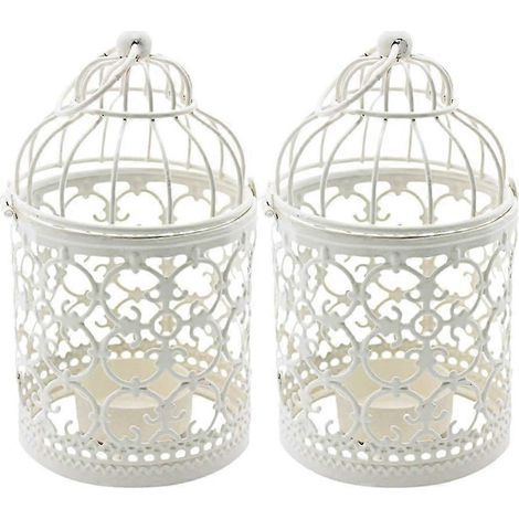 Lot de 2 bougeoirs décoratifs en forme de cage à oiseaux (blanc - 8 x 8 x 14 cm), lanternes décoratives, bougeoirs décoratifs en métal en forme de cage à oiseaux pour bougies chauffe-plat, V (1/5)