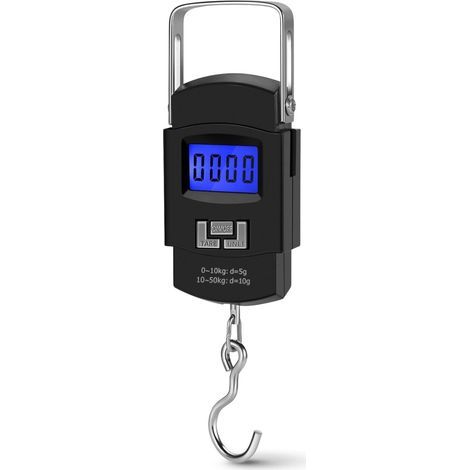 Set mit 2 digitalen Hängewaagen – tragbare Gepäckwaage (50 kg) und Angelwaage, mit hintergrundbeleuchtetem elektronischem LCD-Display, Edelstahlhaken, inklusive 2 AAA-Batterien (1/5)