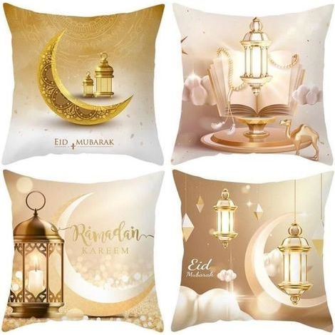 (Leuchtende Farben) Kissenbezüge – Eid Mubarak – 4 Stück – 45 x 45 cm – Polyester – Modernes Dekor (1/4)