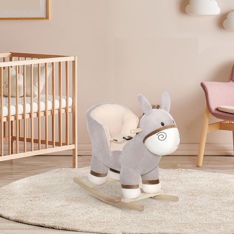 Cheval cheval à bascule en forme d’âne avec des sons réalistes en bois de peuplier et peluche gris - à bascule pour enfants 18-36 mois