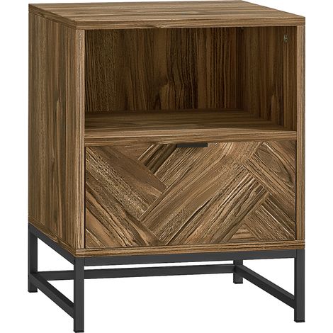 Stylish Brown Wood Effect Bedside Table with Drawer and Shelf,Durable Steel Legs for Living Room and Bedroom (1/5)