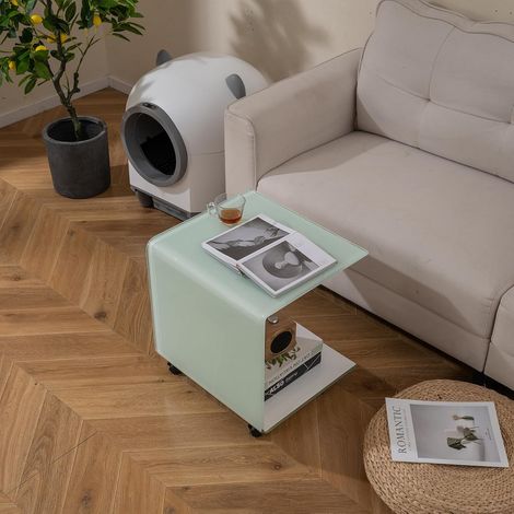 COSTWAY Table Basse en Verre, Table Basse Transparente, Bords Arrondis Lisses, Table d’Appoint Carrée pour Salon, Chambre, sans Assemblage, 45 x 45 x 41 cm, (Blanc Transparent,avec Roulette) (1/5)