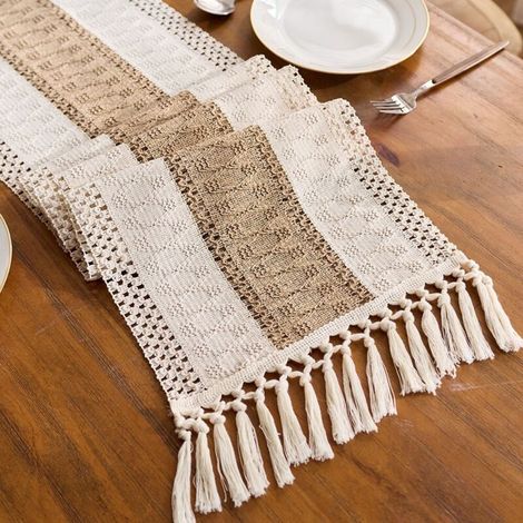 Fond blanc avec des touches de marron, 30 x 180 cm Chemin de table en coton et lin à blocs de couleur, orné de pompons ajourés noués, longue nappe décorative pour meuble TV de salon, table basse, set (1/5)