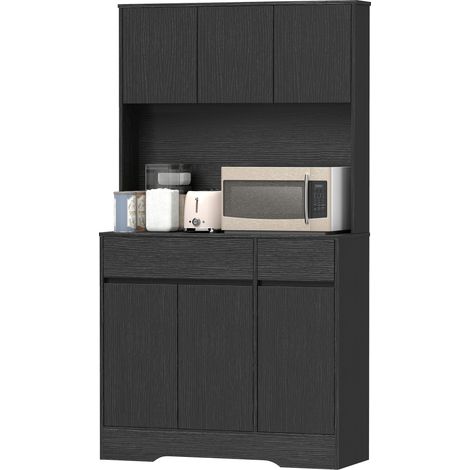 Buffet de cuisine 6 portes avec plan de travail, armoire haute de rangement étagères noir