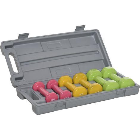 Ensemble d'haltères courtes multicolores total 6 kg avec mallette 6 haltères 0,5kg, 1kg, 1,5kg acier et revêtement PU rouge jaune et vert (1/5)