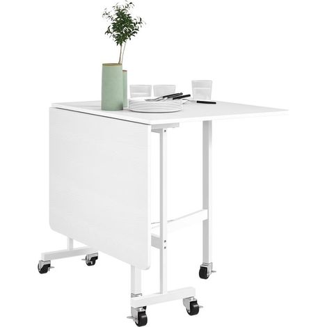 Table blanche pliante sur roulettes avec rallonges, 120x80x73 cm pour 4 à 6 places, gain de place pour cuisine repas mobile (1/5)