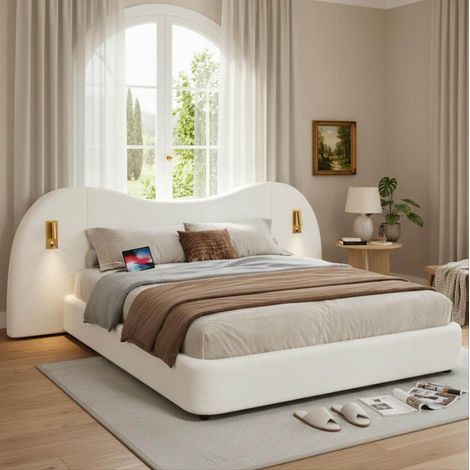 Letto matrimoniale 213x267x98.5 cm, contenitore idraulico, porte USB e luci da lettura, rivestimento bouclé bianco (1/5)