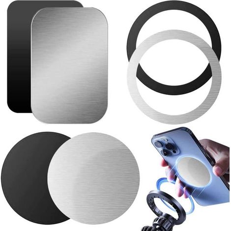 6 plaques métalliques pour smartphone, ultra fines, support magnétique voiture, compatible tous modèles, usage intérieur coque ou dos téléphone