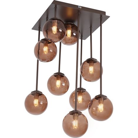 QAZQA Diseño Lámpara de techo de diseño bronce con cristal bronce 9 luces - Athens Acero /Vidrio Cuadrada /Esfera Adecuado para LED Max. 9 x 8 Watt