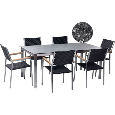 Set da giardino con 6 posti in acciaio inox con tavolo piano con effetto granito e sedie in rattan nero Cosoleto/Grosseto (1/5)