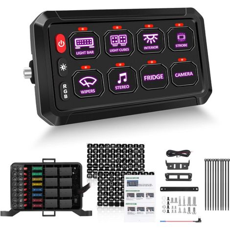 Sistema de relés de control de circuito impermeable, para vehículos todo terreno, SUV, UTV y embarcaciones universal para camiones panel de interruptores RGB de 8 vías panel de interruptores auxiliare (1/5)