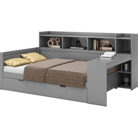 Letto singolo 90x200 cm con scrivania, 2 cassetti, presa elettrica e USB, ripiani contenitivi, truciolare e MDF, grigio – CHICFURN (1/5)