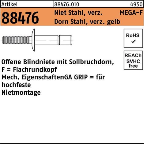 Gesipa Mega Grip Blindniete Stahl verzinkt FLAKO 4,8 x 10,5 S 500 Stk