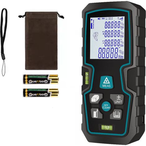 Mètre Laser 50 Mètres avec Écran LCD Rétroéclairé, Niveau à Bulle et Mesure de Distance, Surface et Volume (1/4)