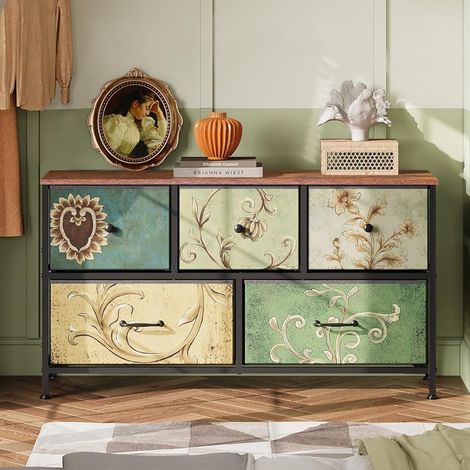 Comò rettangolare stile bohémien, 100x30x55 cm, con 5 cassetti per lo stoccaggio, piano in legno, Vintage, struttura in metallo, mobili per soggiorno in legno - Multicolore